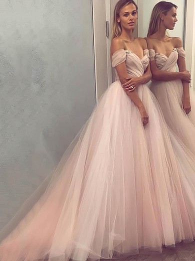 Ball Gown Off-the-shoulder Tulle Sweep Train Beading Prom Dresses #Milly020105697