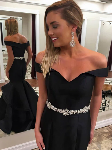 Trumpet/Mermaid Off-the-shoulder Satin Sweep Train Beading Prom Dresses #Milly020105713