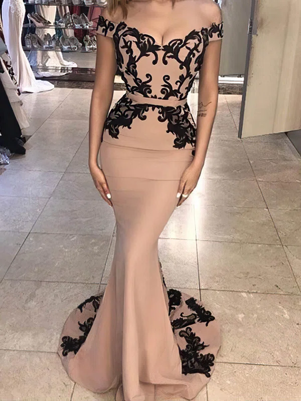 Trumpet/Mermaid Off-the-shoulder Silk-like Satin Sweep Train Appliques Lace Prom Dresses #Milly020105719