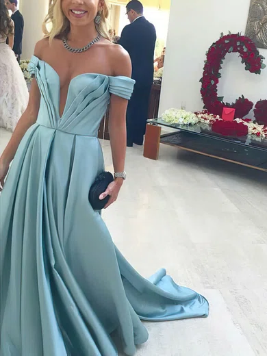 Princess Off-the-shoulder Satin Sweep Train Ruffles Prom Dresses #Milly020105724