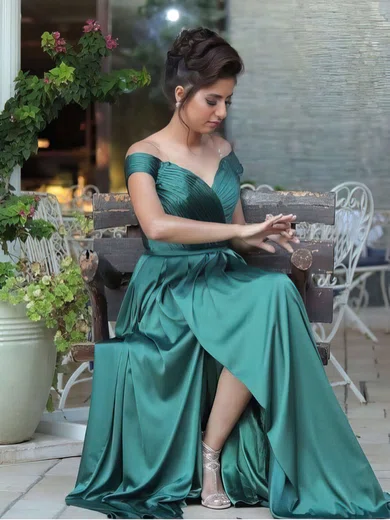 A-line Off-the-shoulder Satin Sweep Train Sashes / Ribbons Prom Dresses #Milly020105734