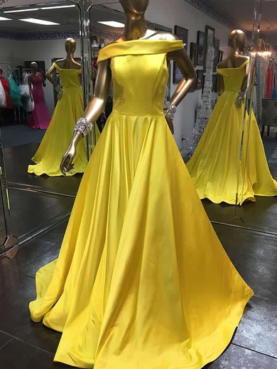Ball Gown Off-the-shoulder Satin Modest Prom Dresses #Milly020105735