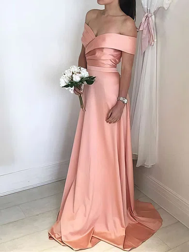 A-line Off-the-shoulder Silk-like Satin Sweep Train Ruffles Prom Dresses #Milly020105737
