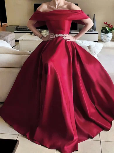 A-line Off-the-shoulder Satin Floor-length Sashes / Ribbons Prom Dresses #Milly020105739