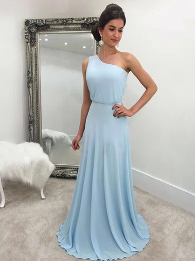 A-line One Shoulder Chiffon Sweep Train Prom Dresses #Milly020105744