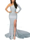 Trumpet/Mermaid One Shoulder Jersey Sweep Train Split Front Prom Dresses #Milly020105746