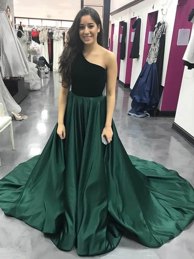 Princess One Shoulder Satin Sweep Train Prom Dresses #Milly020105748