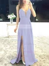 A-line V-neck Satin Sweep Train Split Front Prom Dresses #Milly020105750