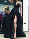 Black Ball Gown V-neck Satin Prom Dresses With Ruched #Milly020105754