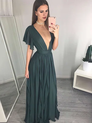 A-line V-neck Chiffon Floor-length Ruffles Prom Dresses #Milly020105763