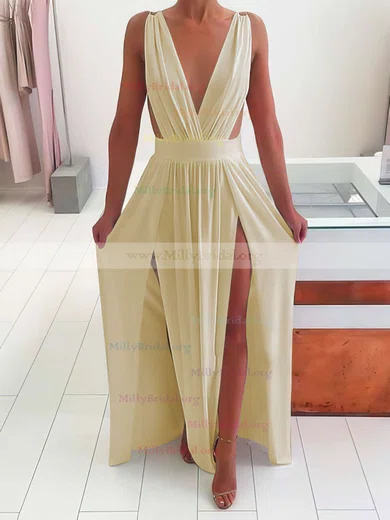 V-neck Champagne A-Line SplitFront Bridesmaid Dress V-neck Champagne A-Line SplitFront Bridesmaid Dress