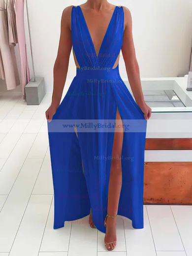 Free Shipping Sheath Floor Length Cowl Neck Velvet Royal Blue Prom Dresses  with Slit VK042801 – Vickidress