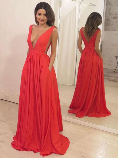 A-line V-neck Silk-like Satin Sweep Train Pockets Prom Dresses #Milly020105773