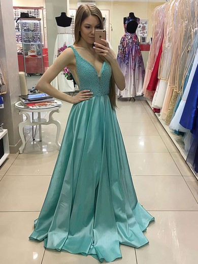 Princess V-neck Satin Sweep Train Pearl Detailing Prom Dresses #Milly020105776