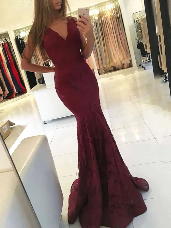 Trumpet/Mermaid V-neck Lace Sweep Train Prom Dresses - millybridal.org