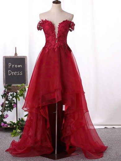 A-line Off-the-shoulder Organza Asymmetrical Appliques Lace Prom Dresses #Milly020105381