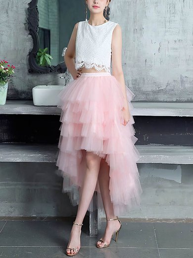 A-line Scoop Neck Lace Tulle Asymmetrical Tiered Prom Dresses #Milly020105394