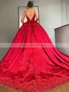 Ball Gown V-neck Satin Court Train Appliques Lace Prom Dresses #Milly020105424