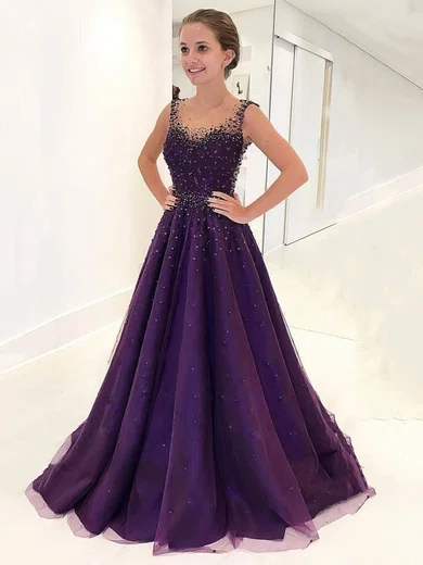 Ball Gown Scoop Neck Tulle Floor-length Beading Prom Dresses #Milly020105426