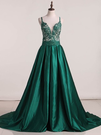 Ball Gown V-neck Satin Sweep Train Beading Prom Dresses #Milly020105427
