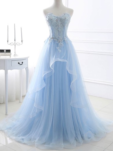 Princess Sweetheart Lace Tulle Sweep Train Appliques Lace Prom Dresses #Milly020105564