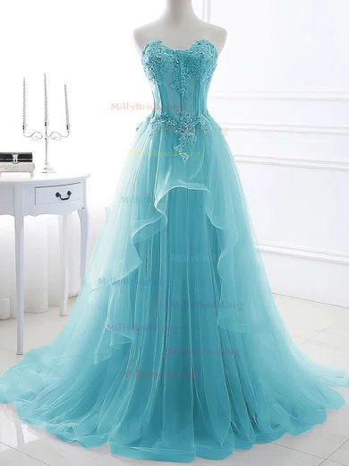 Appliques White Lace Strapless Sweetheart Light Blue Prom Dress Appliques White Lace Strapless Sweetheart Light Blue Prom Dress