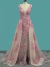 Princess Scoop Neck Tulle Sweep Train Appliques Lace Prom Dresses #Milly020105565