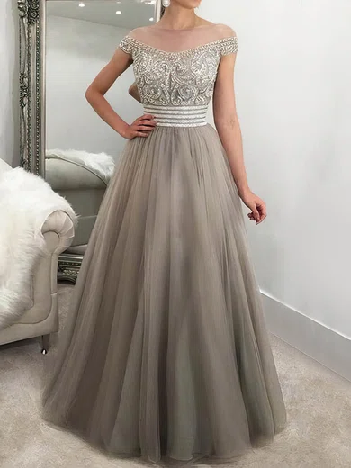 Princess Scoop Neck Tulle Floor-length Beading Prom Dresses #Milly020105566