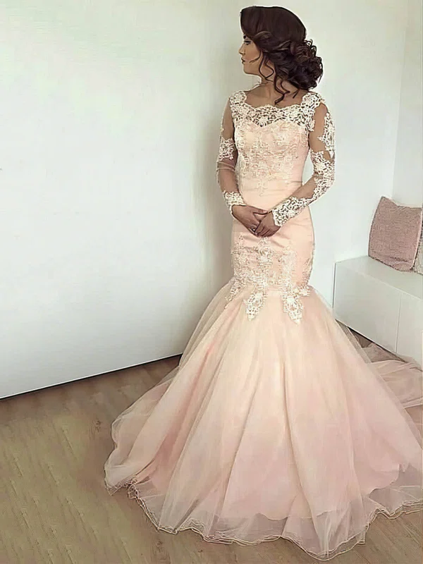 Trumpet/Mermaid Scalloped Neck Tulle Sweep Train Appliques Lace Prom Dresses #Milly020105602