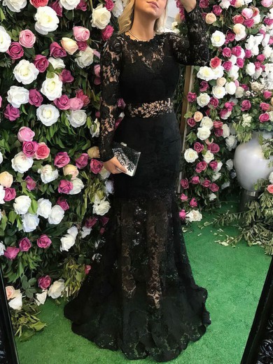 Trumpet/Mermaid Scoop Neck Lace Sweep Train Appliques Lace Prom Dresses #Milly020105615