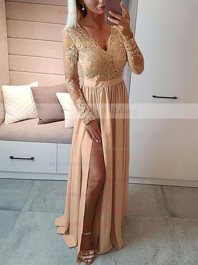 Chiffon Appliques A Line Cap Sleeve Gold V Neck Prom Dress Chiffon Appliques A Line Cap Sleeve Gold V Neck Prom Dress