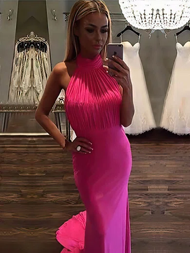 Trumpet/Mermaid Halter Jersey Sweep Train Ruffles Prom Dresses #Milly020105660