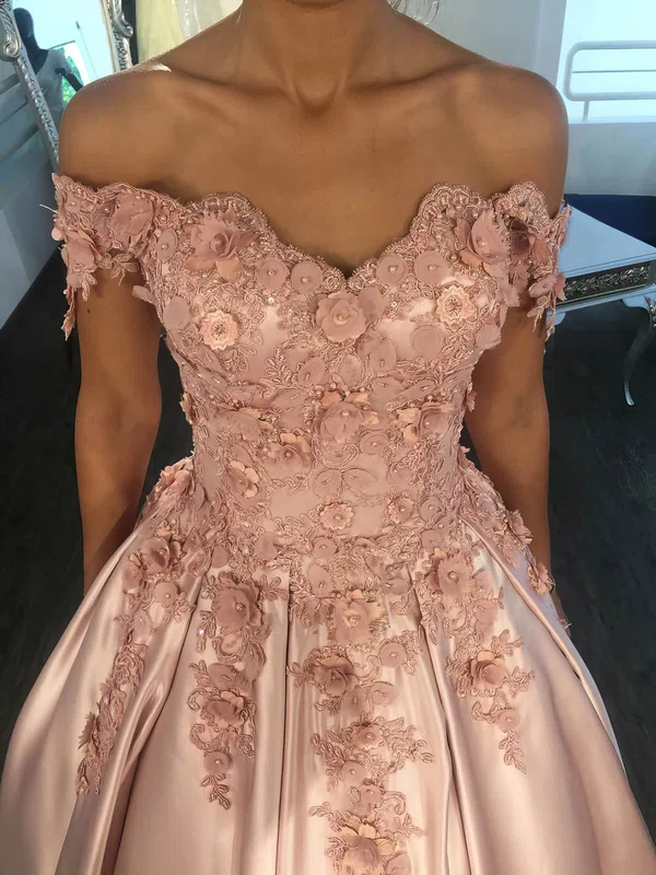 Ball Gown Off-the-shoulder Satin 3D Floral Prom Dresses With Appliques #Milly020105721