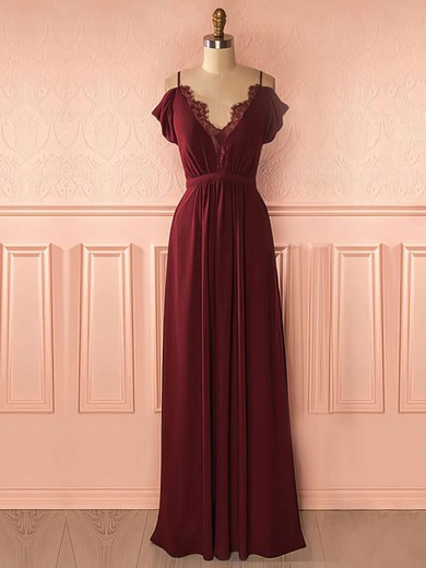 A-line V-neck Chiffon Floor-length Lace Prom Dresses #Milly020105740