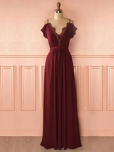 A-line V-neck Floor-length Chiffon Prom Dresses With Lace #Milly020105740
