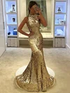 Trumpet/Mermaid High Neck Sequined Sweep Train Prom Dresses #Milly020105808