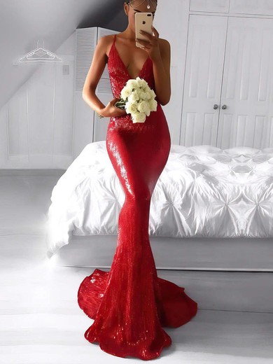 Trumpet/Mermaid V-neck Sequined Sweep Train Prom Dresses #Milly020105814