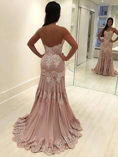 Trumpet/Mermaid Strapless Chiffon Sweep Train Appliques Lace Prom Dresses #Milly020105473