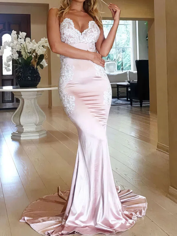 Mermaid V-neck Backless Satin Prom Dresses With Appliques #Milly020105512