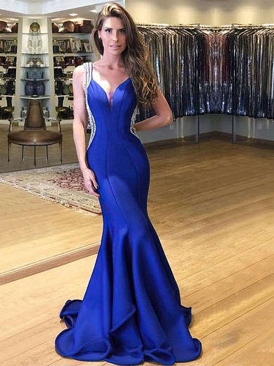 Trumpet/Mermaid V-neck Stretch Crepe Sweep Train Beading Prom Dresses #Milly020105546