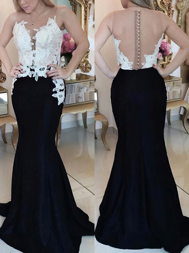 Trumpet/Mermaid Scoop Neck Satin Sweep Train Appliques Lace Prom Dresses #Milly020105548