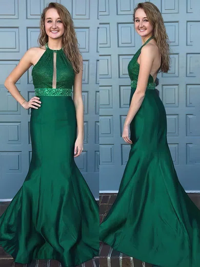 Trumpet/Mermaid Halter Satin Sweep Train Beading Prom Dresses #Milly020105553