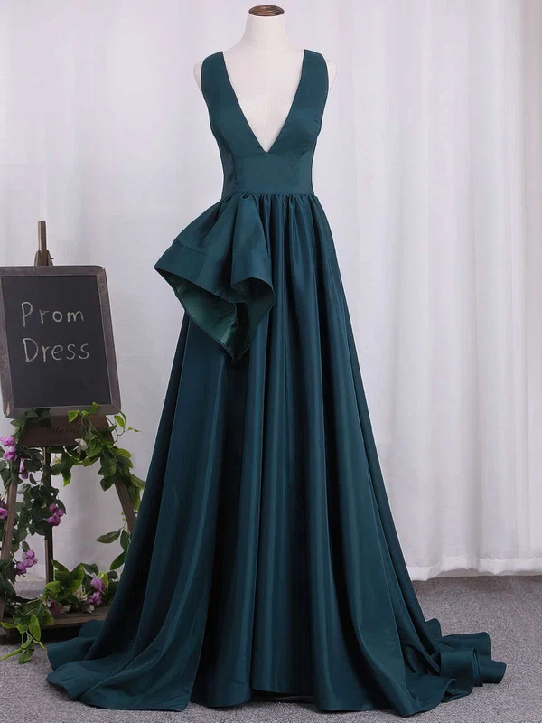 A-line V-neck Satin Sweep Train Prom Dresses #Milly020105758