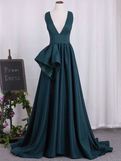 Ball Gown V-neck Satin Prom Dresses With Ruched #Milly020105758