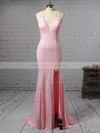 Trumpet/Mermaid V-neck Jersey Sweep Train Split Front Prom Dresses #Milly020105765