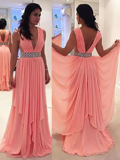 A-line V-neck Chiffon Sweep Train Beading Prom Dresses #Milly020105780