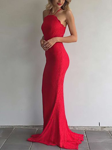 Sheath/Column Halter Lace Sweep Train Prom Dresses #Milly020105793