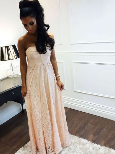 A-line Strapless Lace Floor-length Prom Dresses #Milly020105794
