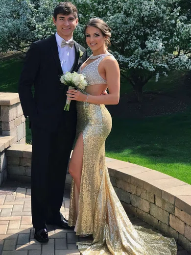 Trumpet/Mermaid Scoop Neck Sequined Sweep Train Beading Prom Dresses #Milly020105806