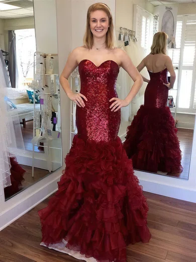 Trumpet/Mermaid Sweetheart Organza Sequined Floor-length Cascading Ruffles Prom Dresses #Milly020105810